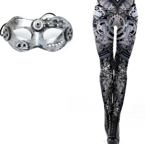Gear Steampunk Leggings w/ Halloween Mask industrial robot machine - Picture 2 of 12